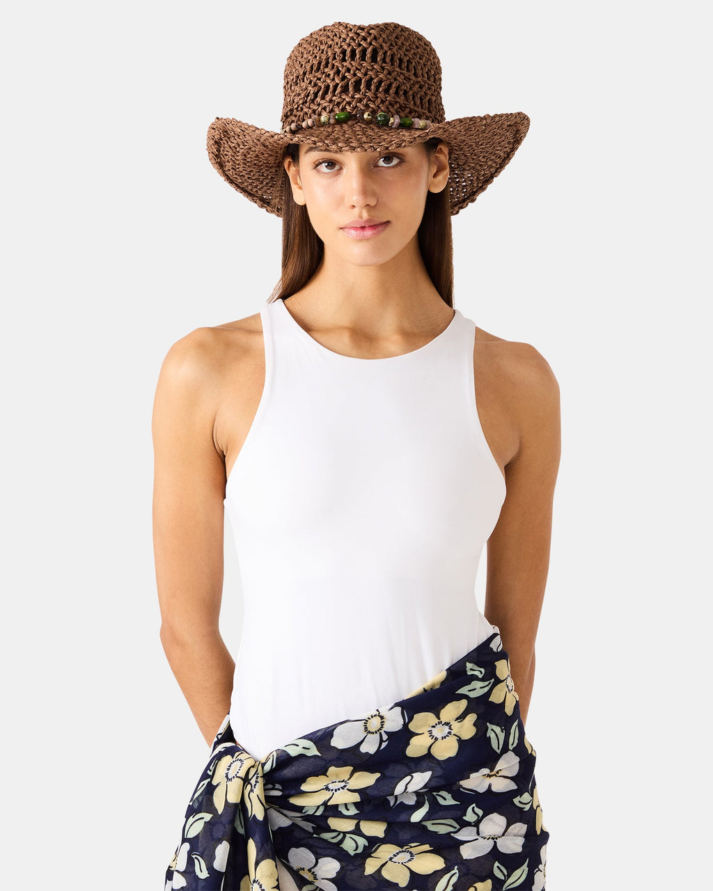 LEI BEADED TRIM WESTERN HAT CHOCOLATE